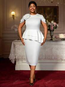 White Bodycon Dresses Elegant Peplum 3D Flowers Occasion Wedding Guest Plus Size Ladies,Outfit For Date,Party,Wedding Dress,Bridesmaid Dress,Graduation Dress,Wedding Guest