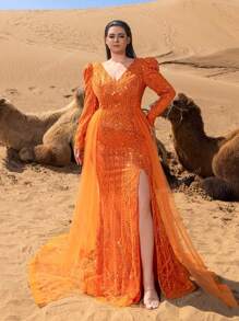 Faeriesty Haute Glamour Plus Luxurious V-Neck Long-Sleeve Beaded Evening Gown With Back-Tie Closure, Dramatic High Slit, Side Flowing Panels & Mermaid Train – Elegant Formal Wear For Red Carpet Galas, Black-Tie Dinners, Wedding Guest Attire, Award Ceremonies, And Charity Ball Events
