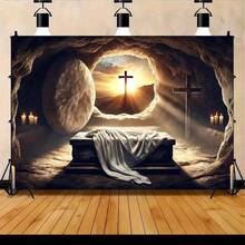 2D Backdrop Banner 1pc, Empty Tomb With Sunrise And Cross Vibrant Background Cloth For Family Parties, Weddings, Birthdays, Christmas, Thanksgiving, And Fall, Easy To Set Up And Reusable,2D Flat,Notmulti-Layer Or Real Model - Grey - View 2