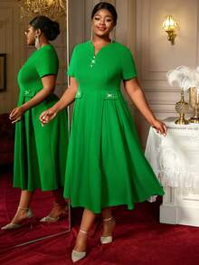 Green A Line Dresses Short Sleeves Classy Church Female Event Party Work Business Plus Size Ladies - Green - View 1