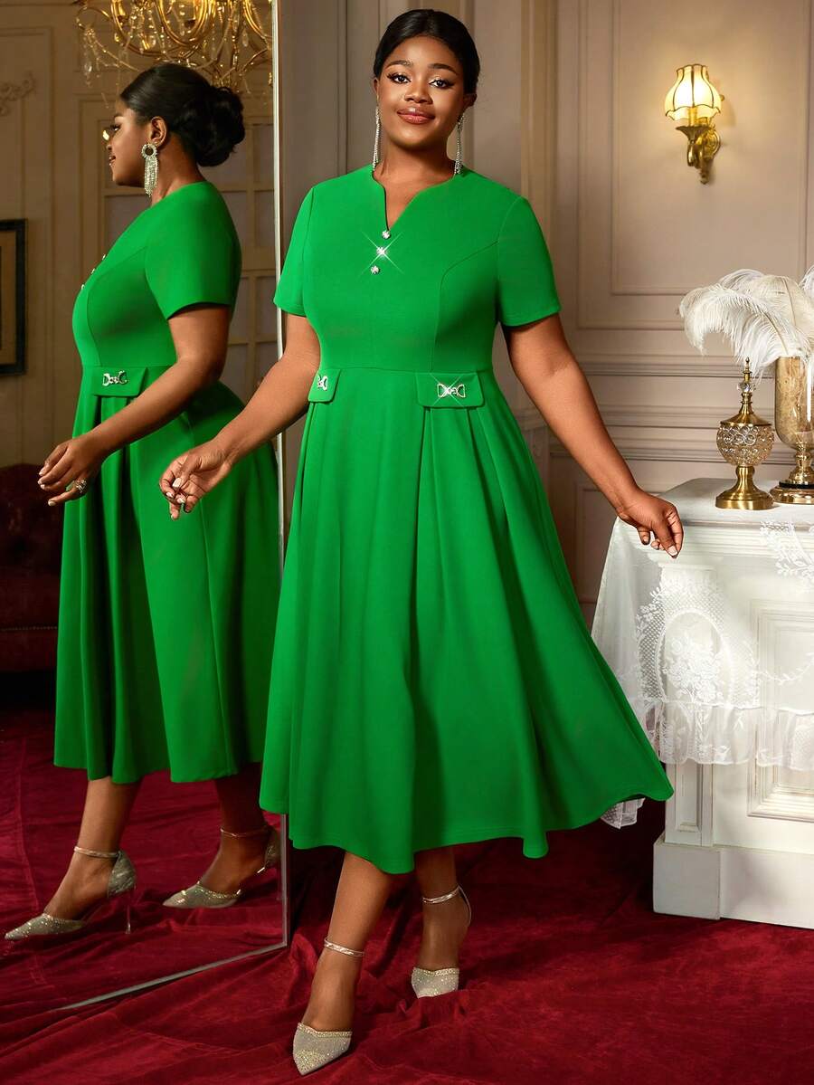 Green A Line Dresses Short Sleeves Classy Church Female Event Party Work Business Plus Size Ladies - Green - View 1