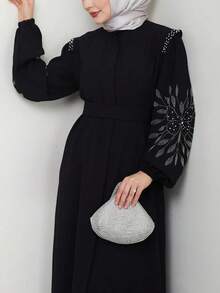 Elegante Vestido Abaya de Cor Sólida Feminina com Zíper, Decoração de Pérolas e Strass, Manga Longa, Estilo Turco do Oriente Médio, Preto