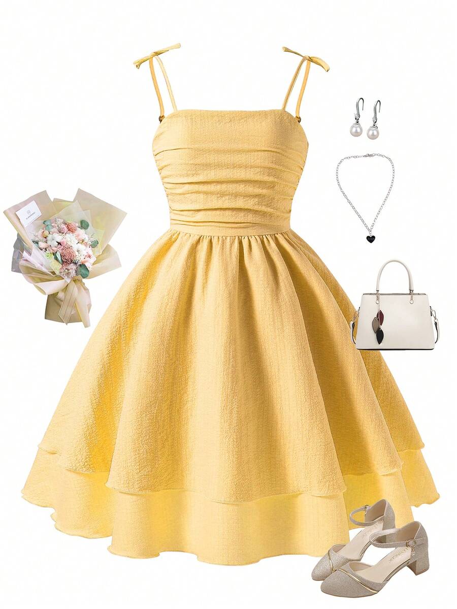Left Mama Vestido elegante y de moda con tirantes de lazo y pliegues para niñas preadolescentes - Amarillo - Ver 1