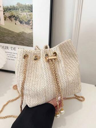 Women's Mini Fashion Versatile Straw Woven Bucket Bag With Gold Chain, Pearl Decor, Crossbody Bag Suitable For Beach, Outing, Shopping, Vacation