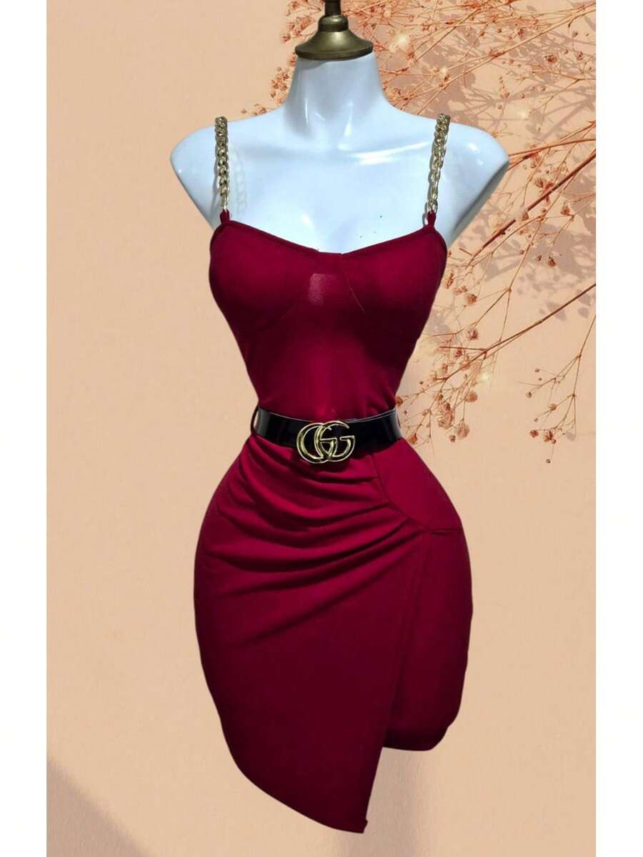 Vestido corto con tirantes de cadena dorada mujer elegante ajustado sexy fiesta noche asimétrico moda | Elegancia y Estilo Asimétrico - Rojo - Ver 1