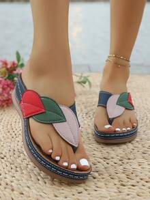 WRCVS Sandalias de mujer de color azul marino y contraste, sandalias de plataforma de verano con punta cerrada, bordadas, pantuflas retro, artesanía de remiendo de línea, cuña bohemia y zuecos para exterior - Azul Marino - Ver 2