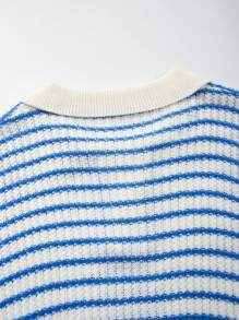 Unisex Retro Loose Casual Striped Short Sleeve Polo Collar Knitted Top, European And American Style