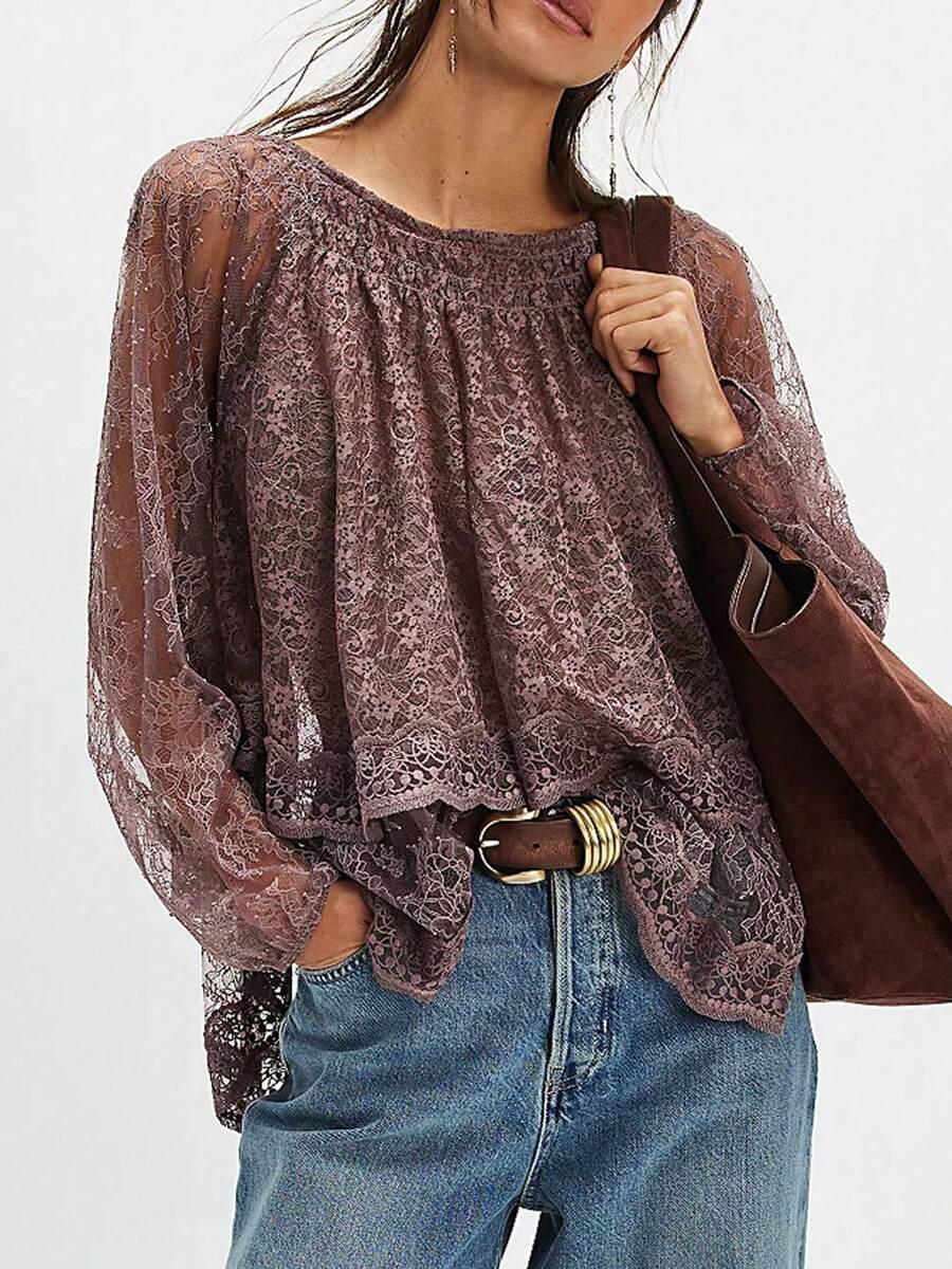 Women Y2K Layered Sheer Lace Off The Shoulder Shirt Top Solid Color Long Lantern Sleeves Tiered Mesh See Through Tee Shirts Back Tie Up Dressy Blouse Summer Cute Going Out Tops Vintage Aesthetic Clothes Party Club Streetwear - 棕色 - 查看 1