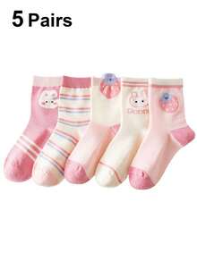 5 Pairs Girls' Lightweight Breathable Mesh Strawberry Rabbit Pattern Socks, Summer - Multicolor - View 2