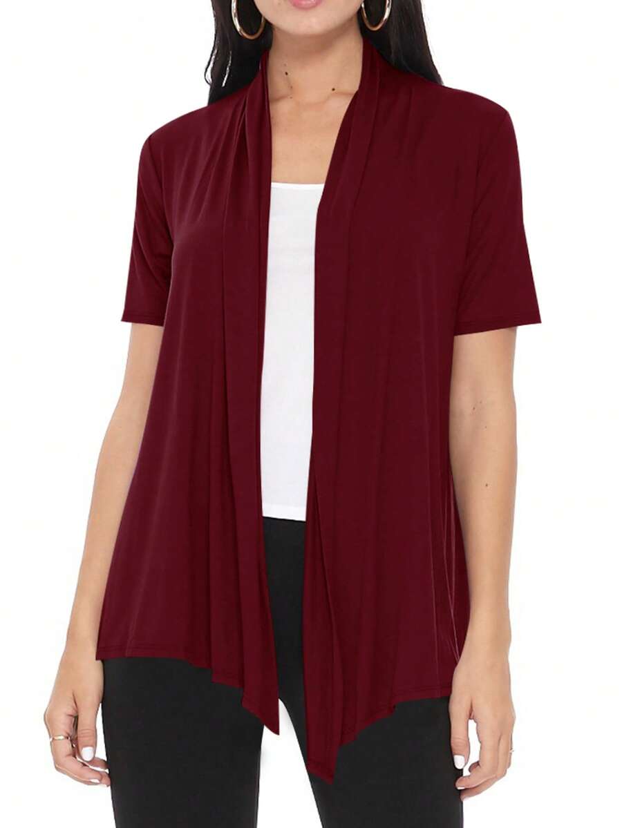 Casual Solid Short Sleeve Open Front Draped Cardigan For Office & Everyday Wear - 酒紅色 - 查看 1