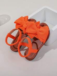 A Pair Of Girls' Sandals New Bow Princess Shoes Elastic Band Design Soft-Soled Casual Girls' Beach Shoes In Summer. - Orange - View 2