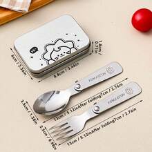 3Pcs/Set Portable Foldable Dinnerware Set, 304 Stainless Steel Folding Fork Spoon With Iron Cutlery Box, Cute Cartoon Pattern Reusable Tableware Set, Dishwasher , Suitable For Student And Adult Use In School, Office, Outdoor Camping, Picnic, Travel