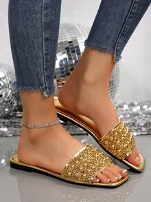 Nuevas sandalias planas de lujo antideslizantes para exteriores/playa, cómodas y versátiles, con decoración de cristales y perlas, punta cuadrada, para uso interior y diario, estilo francés, tallas grandes para mujer, primavera y verano - Dorado - Ver 2