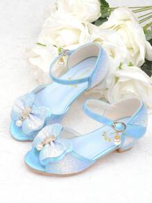 Girls' Crystal High Heel Sandals, Princess Shoes With Bowknot, Blue & White Formal Dress Shoes With Sequins