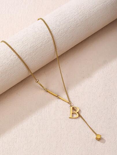 1pc Women's Stainless Steel Letter Tassel Minimalist Necklace, Titanium Steel 18K English Letter Square Tassel Jewelry, Suitable For Daily Wear And Gift