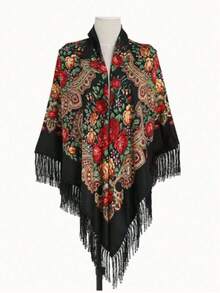 1 pièce Châle vintage surdimensionné pour femme de couleurs traditionnelles rouge, multicolore et noir. Foulard carré chaud et imprimé à franges pour l'hiver, décoratif et magnifique. Accessoire grande taille pour femme, idéal pour la Saint-Valentin - Noir - Voir 1