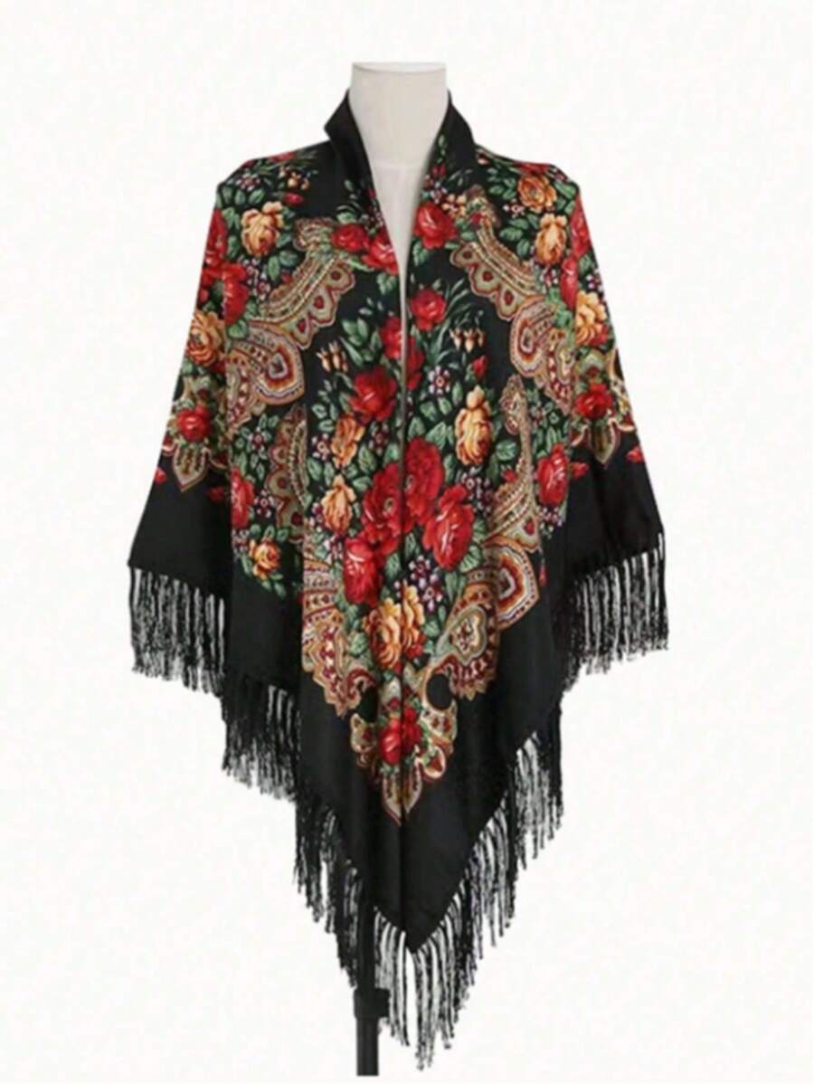 1 pièce Châle vintage surdimensionné pour femme de couleurs traditionnelles rouge, multicolore et noir. Foulard carré chaud et imprimé à franges pour l'hiver, décoratif et magnifique. Accessoire grande taille pour femme, idéal pour la Saint-Valentin - Noir - Voir 1