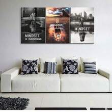 Set de 3 înrămate Mindset Is Everything Citate inspirate Pânză Artă Pictură Postere imprimate pentru living modern, baie, dormitor, hotel, apartament, vilă, galerie, cameră pentru copii, creșă, grădiniță, sală de clasă, studiu, coridor, studio, home office Decor gata de agățat