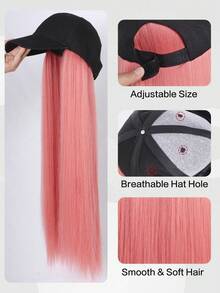 1pc 24 Inch (About 61.0cm) Synthetic Hair Extension Baseball Cap Wig Hat With Hairpiece, Black Color, For Women