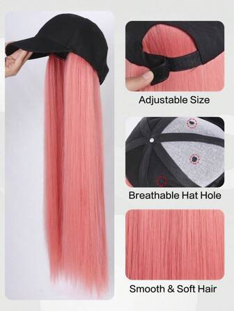 1入組24英寸（約61.0公分）化學纖維髮型棒球帽假髮，黑色，適用於女性