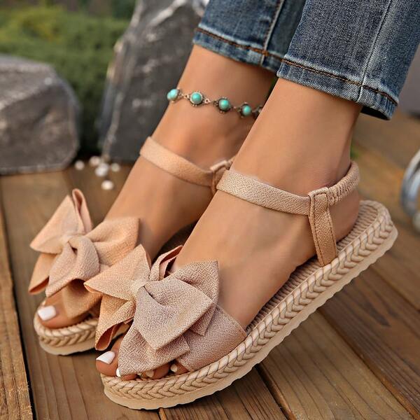 Plus Size Elegant Bow Decor Flat Sandals, Women Casual Beach Lightweight Comfy Versatile Flatform Sandals, Spring/Summer
