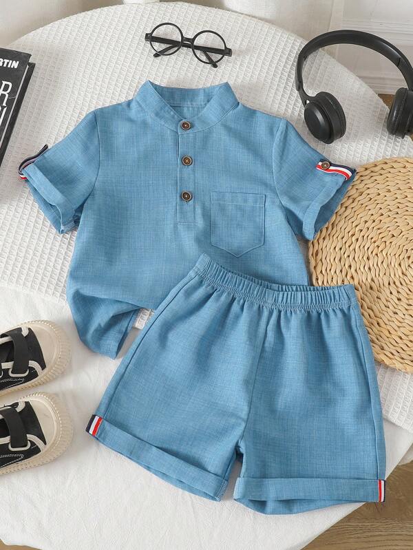 2pcs/Set Boys' Casual Outdoor Fashion Solid Color Half Open Pocket Button Shirt & Solid Color Shorts Set, Suitable For Outdoor