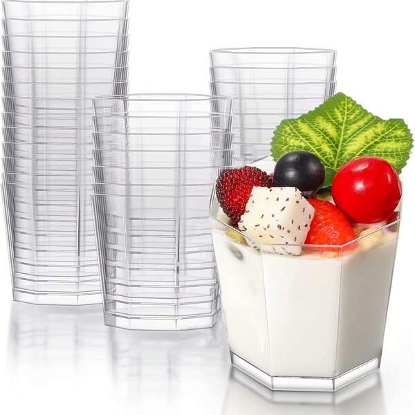 25/50 unidades Tazas de postre de plástico, tazas de postre octagonales de 160ml transparentes para parfait, entremés, reutilizables, cuencos de servir para postre, pudín, mousse para fiesta (7.2 X 6.5cm)