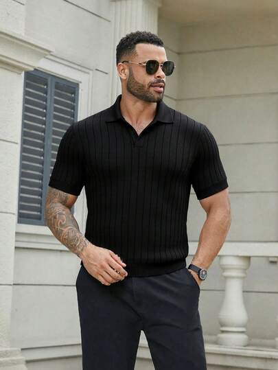 Camiseta tipo polo de punto premium para hombre con cuello de gaviota y detalles a rayas en el cuello estilo avión, de manga corta, transpirable y cómoda, esencial de moda casual de verano
