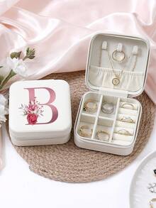 A-Z 粉色花卉字母图案旅行首饰盒，便携式拉链旅行首饰收纳盒，女士礼品盒，PU 皮革防水首饰盒，可收纳戒指、吊坠、耳环、项链等 - 适合女孩和女士的礼品盒，返校 - 白色 - 查看 11