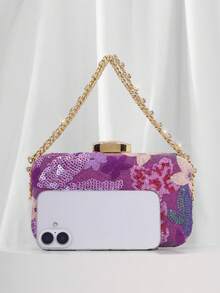 Elegant Glitter Floral Pattern Evening Bag With Detachable Shoulder Strap, Unique Design Clutch Bag, Polyester Lining, Suitable For Party, Wedding, Prom And Halloween Gala