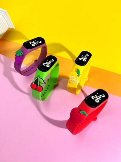 4pcs Children's Watch M3 Fruit Series LED Touch Screen Cute Apple Grape Cherry Lemon Suitable For Primary And Secondary School Students Fashion College Style Leisure Outdoor Sports Travel Convenient Wear Electronic Watch Combination Set