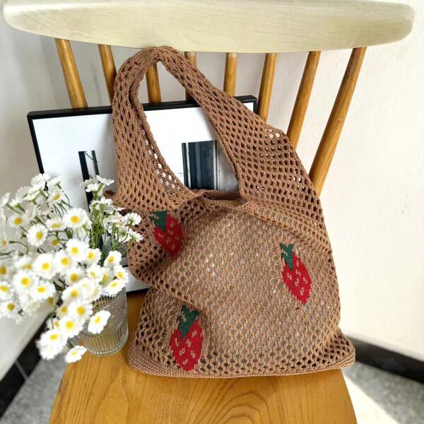 Lightweight,Casual Cute Cartoon Strawberry Pattern Crochet Bag Hollow Out Detail Vacation Style For Teen Girls Women College Students Perfect For College,Outdoors,Travel,Outings,School Bag,Large Capacity,Portable,For Teen Girls Women College Students,White-Collar Workers,Perfect For Work,Back To School,Middle School,High School,College,Vacation, & Cute Strawberry Purse