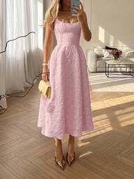 Floreya Summer Wedding Elegant Solid Color Sophisticated Lightweight Dress, Fitted Waist Spaghetti Strap Midi Dress, Pink