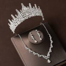 1 Set de 4 piezas - corona de novia, collar, aretes, set de joyas plateado, accesorios elegantes para la boda y fiesta para mujeres