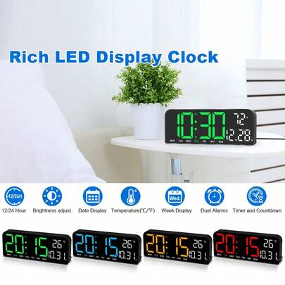 ساعة حائط رقمية قياس 9 بوصة، شاشة كبيرة، قابلة لضبط السطوع، شكل مستطيل، تعمل بالكهرباء السلكية، تعمل بالطاقة من منفذ USB، منبه مزدوج، صيغة 12/24 ساعة، مؤقت عد تنازلي، خاصية التعتيم التلقائي، عرض درجة الحرارة والتاريخ - إطار بلاستيكي، ديكور منزلي، هدايا ديكور الغرفة، ساعة حائط لغرفة النوم والسكن الجامعي، عودة إلى المدرسة
