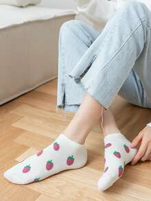 5 Pairs Pack: Ladies' Pink-Themed Fruit & Strawberry Striped Checkered Cute Japanese-Korean Style Student-Inspired Low-Cut Boat Socks, No Show Socks, Suitable For All Seasons. - Multicolor - View 3