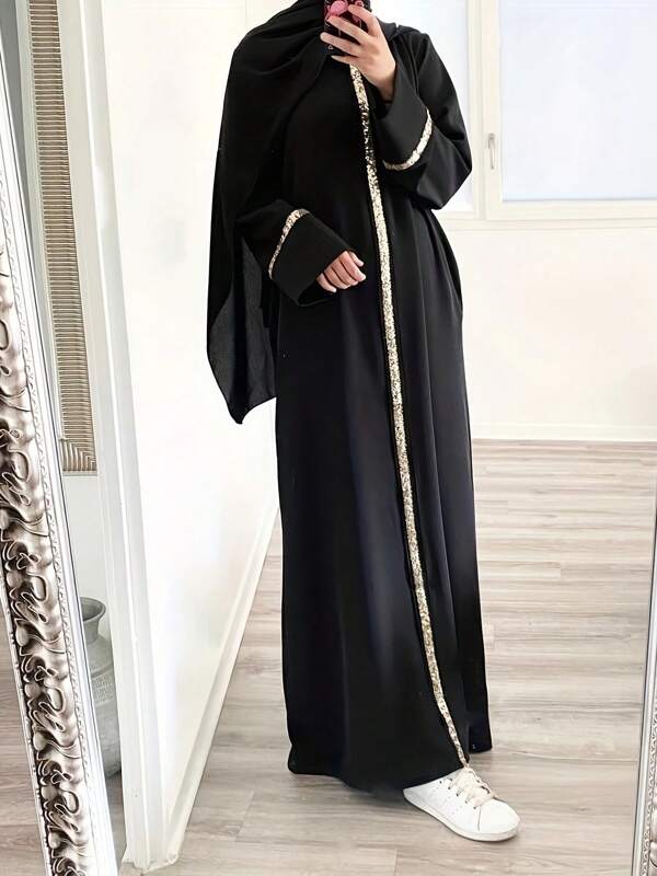 Women's Elegant Fashion Black Abaya Style Minimalist Long Dress, Featuring Sequin Details, Casual Everyday Wear, Suitable For All Seasons, Modest