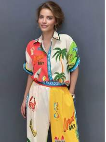 Women's Boho Print Top And Pants Two Pieces Set, Casual Beach Style With Palm Tree, Floral And Leaf Patterns, Button Front Pockets - Multicolor - View 1