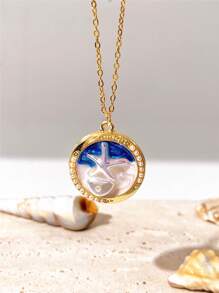 1pc Vintage Luxury Beach Shell & Faux Pearl Oil Drop Pendant Necklace For Women