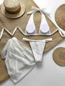 三件套性感沙滩装女式多穿比基尼钩编套装，欧美风格，蕾丝面料沙滩裤纱笼罩衫泳装，复活节、假日服装、外出上衣、约会之夜服装，所有女装，秋季服装