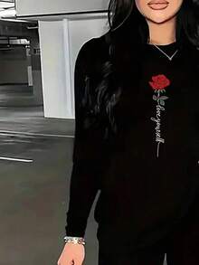 2pcs Set: Rose Print Long Sleeve T-Shirt And Leggings, Special Women's Outfit Casual Black Spring - Black - View 2