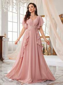 SUPGIR Chiffon Sweetheart Collar Frill Trim Ruched Waist Beaded Embroidery Flounce Design Dress Bridesmaid Dress