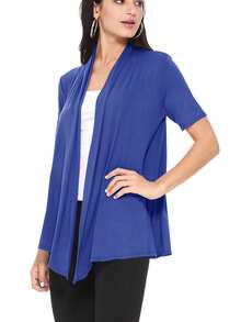 Casual Solid Short Sleeve Open Front Draped Cardigan For Office & Everyday Wear - Royal Blue - View 2