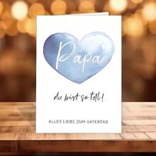 1pc Heartfelt Father's Day Greeting Card With Envelope – Blue Watercolor Heart Design, German Edition For Dad, Stepfather, Or Adoptive Father, 12cm X 17cm, Perfect For Celebrating Father-Youngsters Bond, Fathers Day Gift