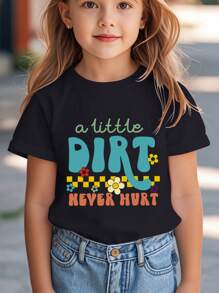 Jeune fille T-shirt à manches courtes avec imprimé lettres à carreaux, printemps/été