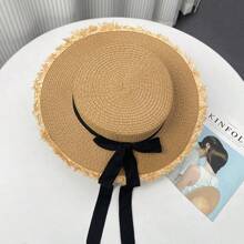 1 pieza Sombrero de playa para mujer, sombrero de paja de borde ancho con moño en la parte superior, sombrero de sol protector para viajes. Si el sombrero está ligeramente comprimido al recibirlo, consulte las instrucciones de cuidado para su restauración adecuada.
