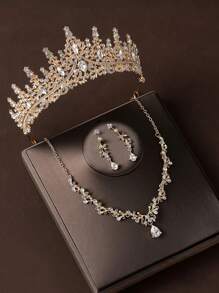 1 Set de 4 piezas - corona de novia, collar, aretes, set de joyas plateado, accesorios elegantes para la boda y fiesta para mujeres