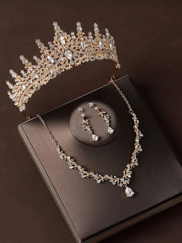 1 Set de 4 piezas - corona de novia, collar, aretes, set de joyas plateado, accesorios elegantes para la boda y fiesta para mujeres