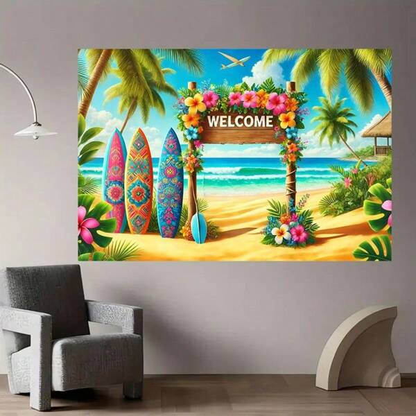 1 Faixa de Boas-Vindas com Fundo de Poliéster Resistente e Vibrante de Praia Tropical, com Pranchas de Surfe Coloridas, Palmeiras e Flores de Hibisco - Perfeita para Decoração de Festas, Fundo de Fotografia, Uso Interno/Externo