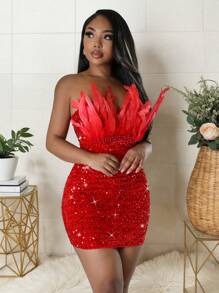 Women's Sleeveless Strapless, Bodycon High Stretch Sequin Dress With Contrasting Sequins And Feather Design, Suitable For Party Wear,Autumn Clothes,Winter Dress Women,Ladies' Christmas Dress,Formal Ball Gowns For Women ,Sequin Dress